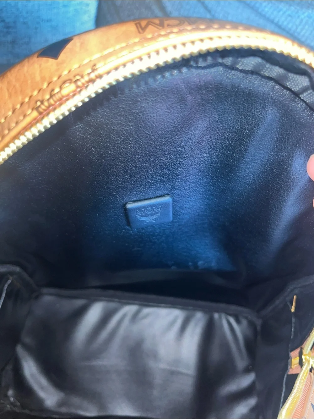 MCM Cognac Logo Visetos Backpack with Gold Hardware